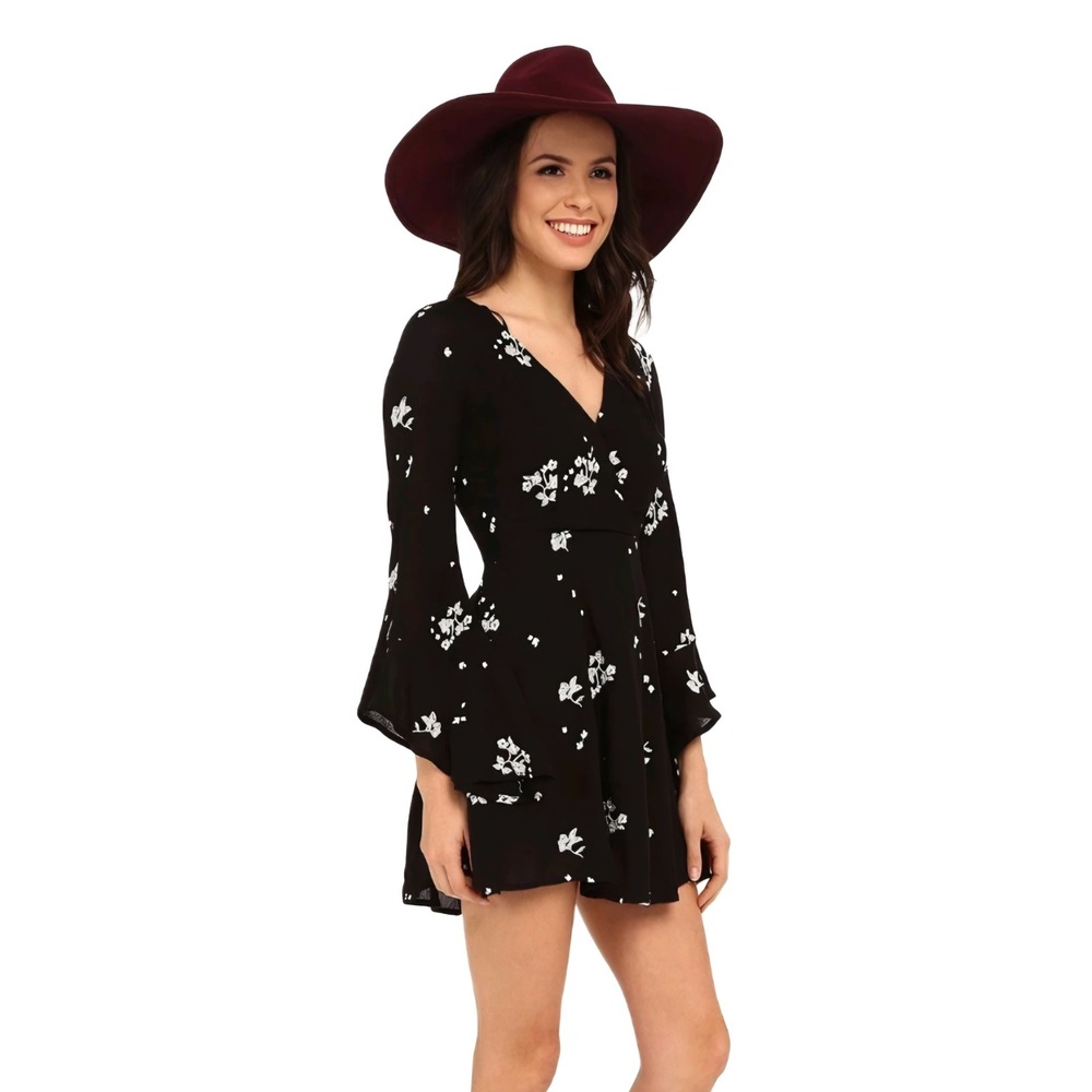 FP Black Embroidered Boho Festival Grunge Y2K Floral Flare Sleeve Mini Dress 2